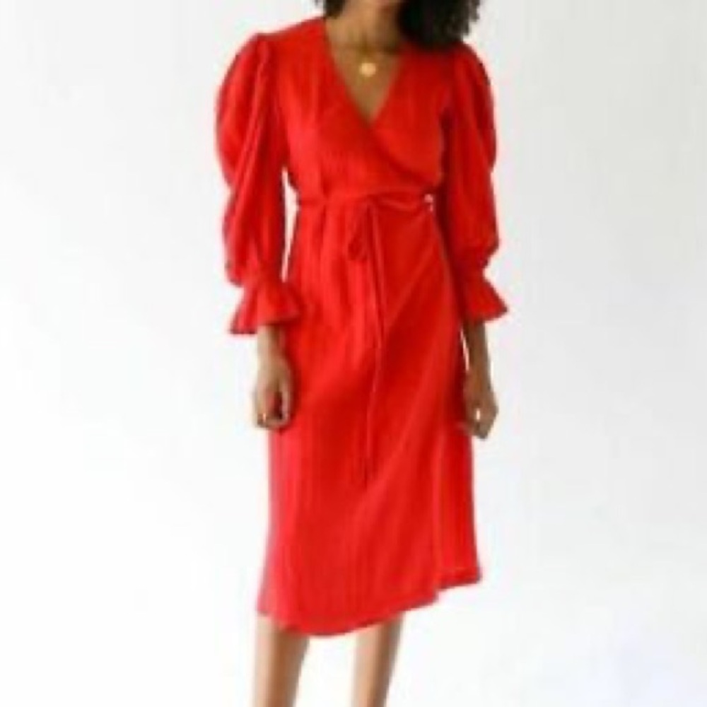 NWT Rhode Resort Red Emi Wrap Long Sleeve Cotton Dress Sz Small